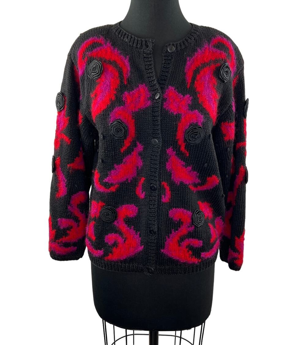 VINTAGE Jennifer Reed Black Red Hand Knit Rosette Long Sleeve Cardigan Sweater M